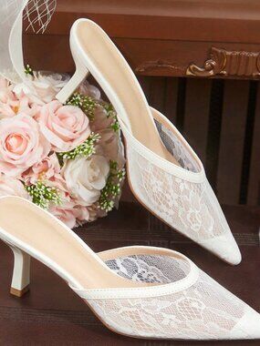White Elegant Women's Pointed Toe High Heel Mules Wedding Bride Shoes